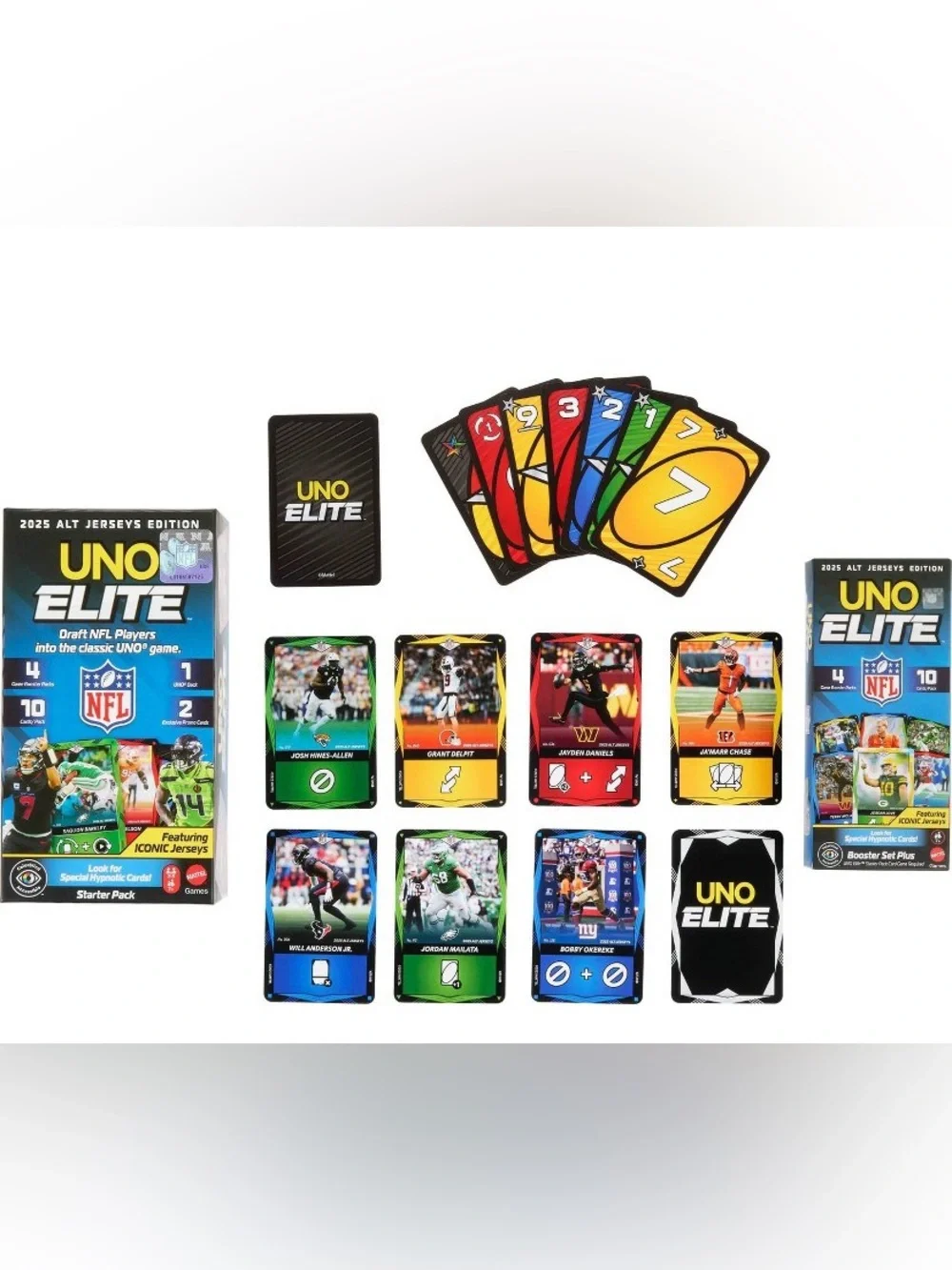 UNO Elite NFL Card Game 2025 Alt Jerseys Edition Starter Pack with 4 Booster Pac